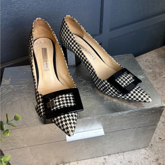 Roberto Festa Vintage Suede Houndstooth Octagon Heel Point Toe Buckle 36 1/2 (6) - Picture 2 of 8
